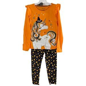 Spooky Night Sequin Unicorn Girls 3 Piece Outfit sz 7/8 - Top Legging Barrette